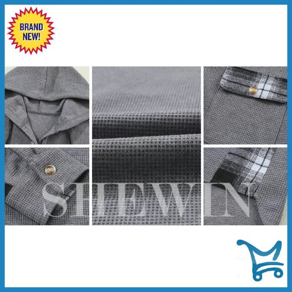 Waffle Knit Plaid Shacket Hooded Jacket Loose Fit Button Down Top - Picture 4 of 6